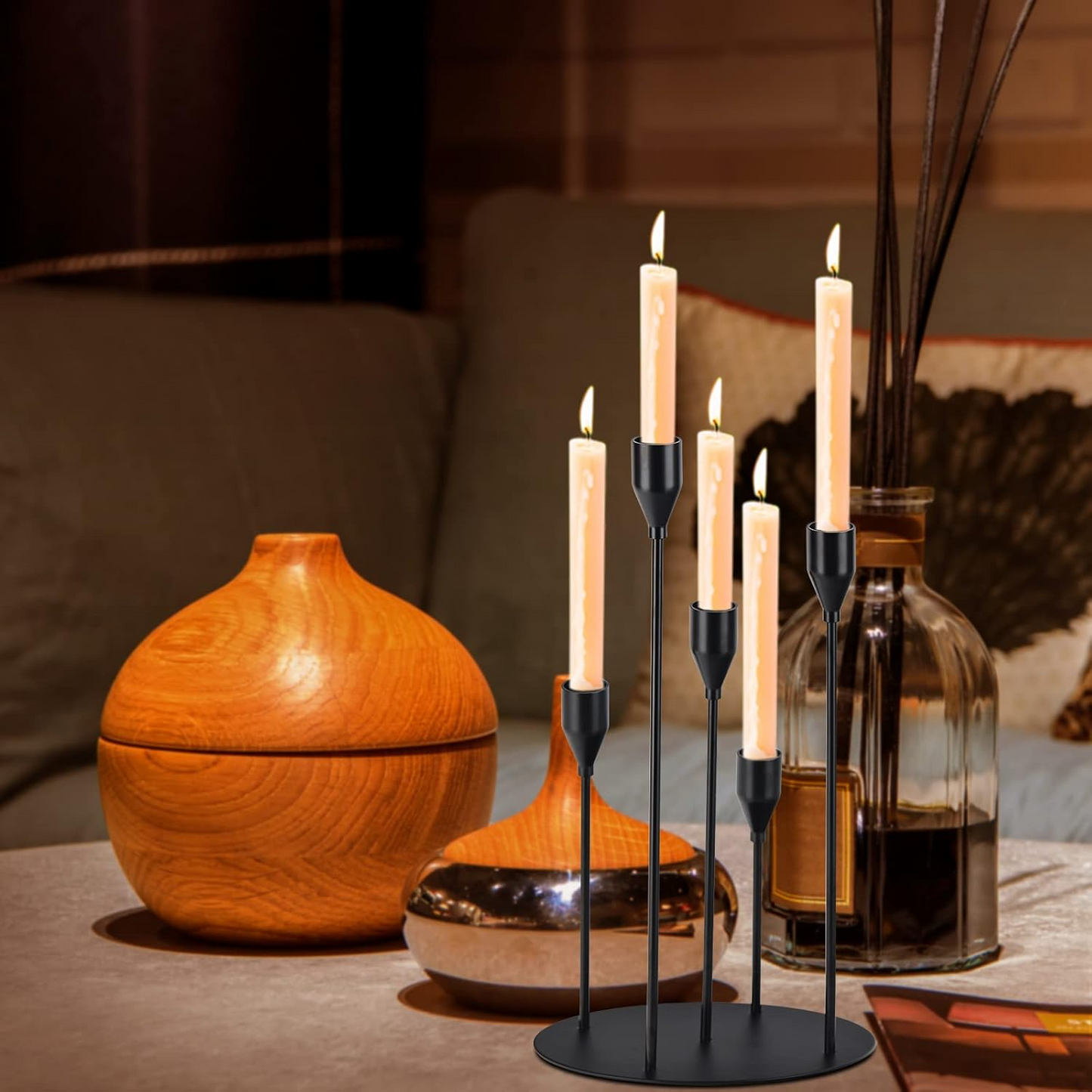 5-Arm Candelabra Taper Candle Holders – Vintage Metal Candlestick Holder for Weddings, Christmas & Dinner Tables | Elegant Black, Gold, Rose Gold