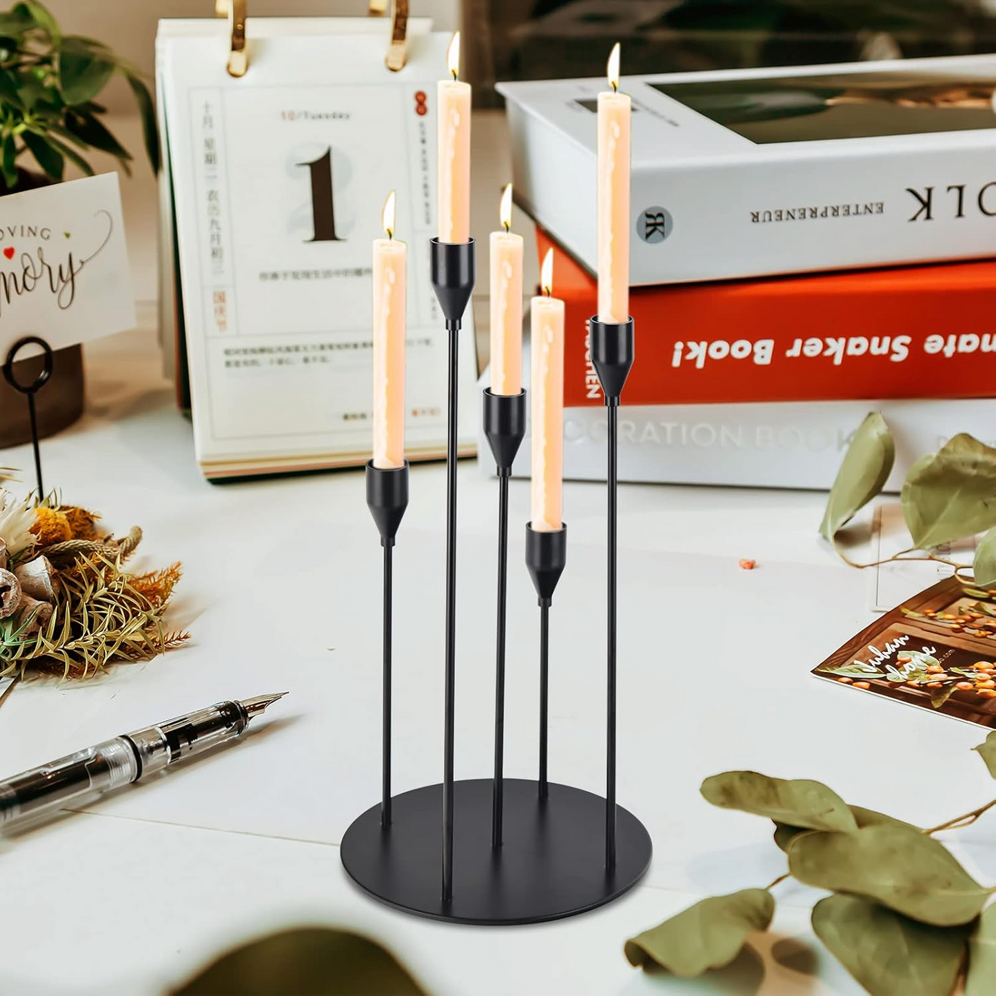 5-Arm Candelabra Taper Candle Holders – Vintage Metal Candlestick Holder for Weddings, Christmas & Dinner Tables | Elegant Black, Gold, Rose Gold