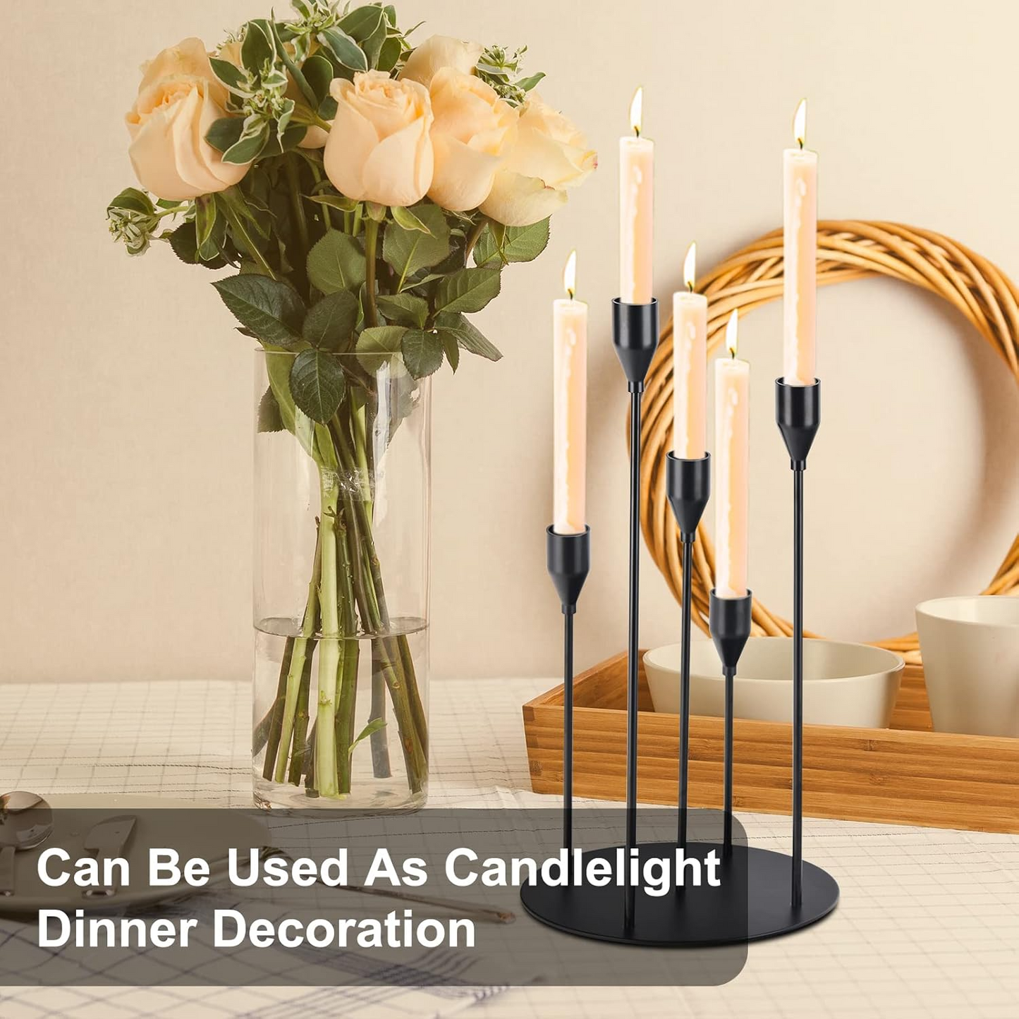 5-Arm Candelabra Taper Candle Holders – Vintage Metal Candlestick Holder for Weddings, Christmas & Dinner Tables | Elegant Black, Gold, Rose Gold