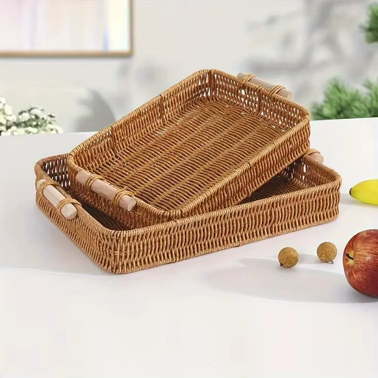 Set of 3 Rectangular Wicker Trays – Rustic Woven Serving Trays with Wooden Handles for Coffee Table, Breakfast, or Decor – Durable Rattan