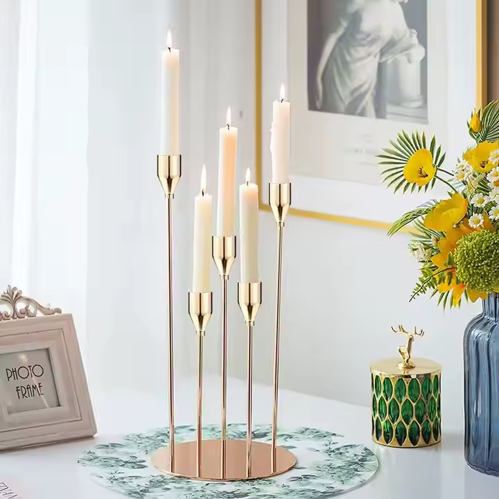 5-Arm Candelabra Taper Candle Holders – Vintage Metal Candlestick Holder for Weddings, Christmas & Dinner Tables | Elegant Black, Gold, Rose Gold