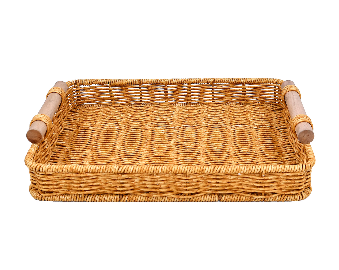 Set of 3 Rectangular Wicker Trays – Rustic Woven Serving Trays with Wooden Handles for Coffee Table, Breakfast, or Decor – Durable Rattan