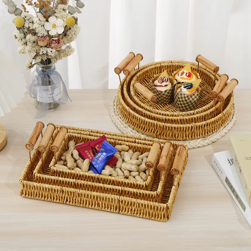 Set of 3 Rectangular Wicker Trays – Rustic Woven Serving Trays with Wooden Handles for Coffee Table, Breakfast, or Decor – Durable Rattan