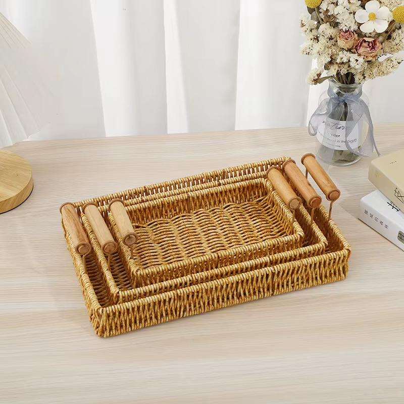 Set of 3 Rectangular Wicker Trays – Rustic Woven Serving Trays with Wooden Handles for Coffee Table, Breakfast, or Decor – Durable Rattan