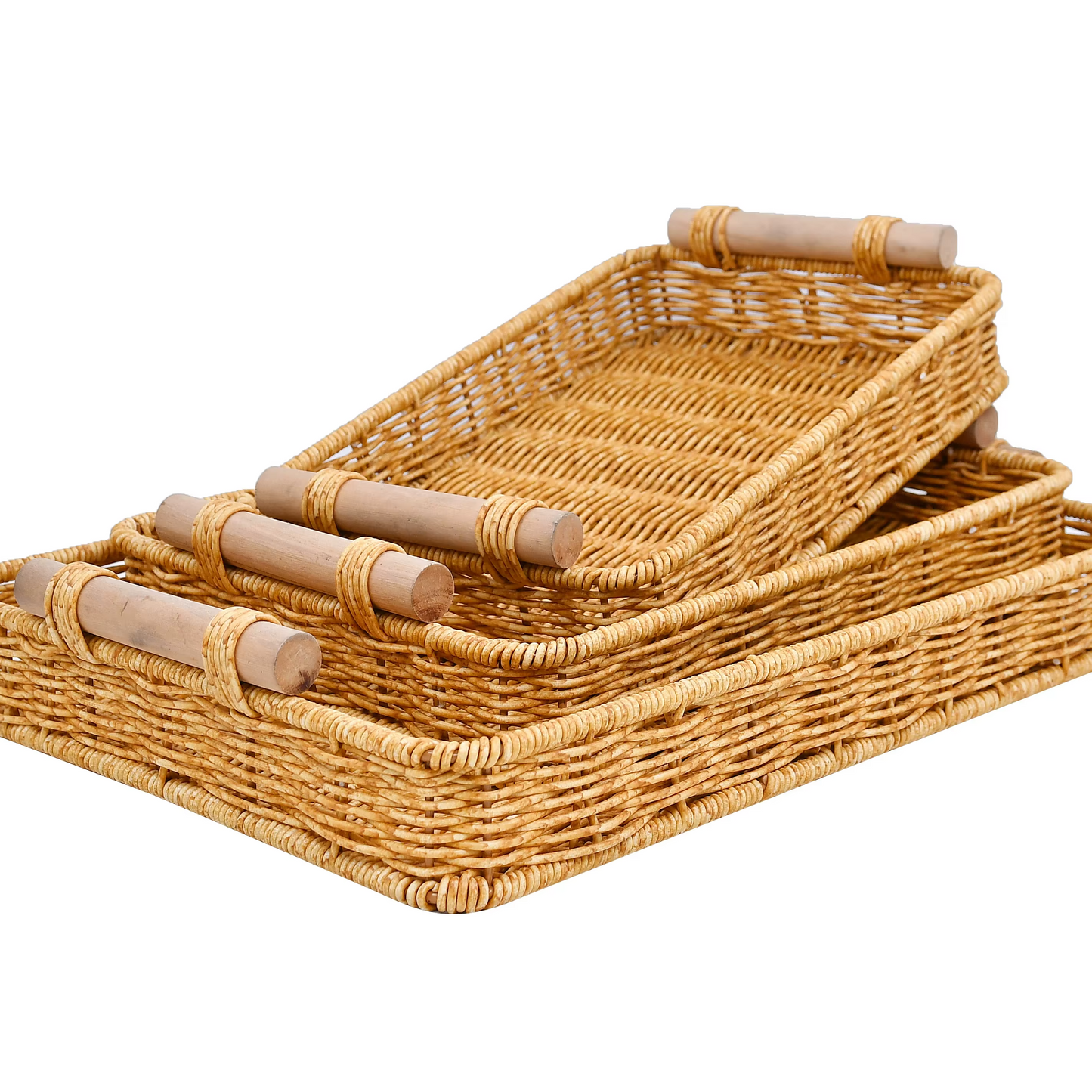 Set of 3 Rectangular Wicker Trays – Rustic Woven Serving Trays with Wooden Handles for Coffee Table, Breakfast, or Decor – Durable Rattan