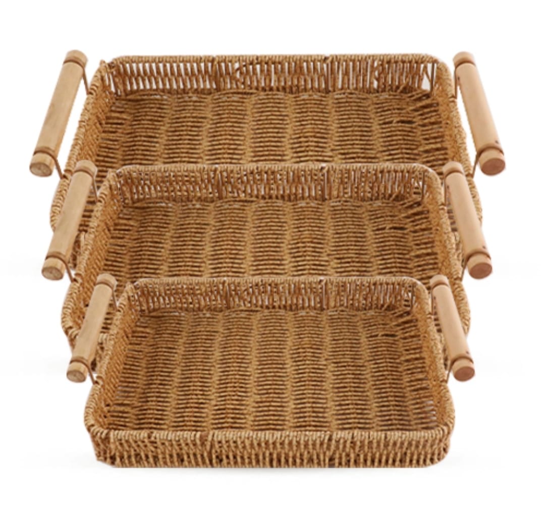Set of 3 Rectangular Wicker Trays – Rustic Woven Serving Trays with Wooden Handles for Coffee Table, Breakfast, or Decor – Durable Rattan