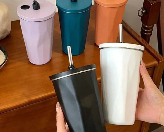 Stainless Steel Travel Mug with Metal Straw - Leakproof