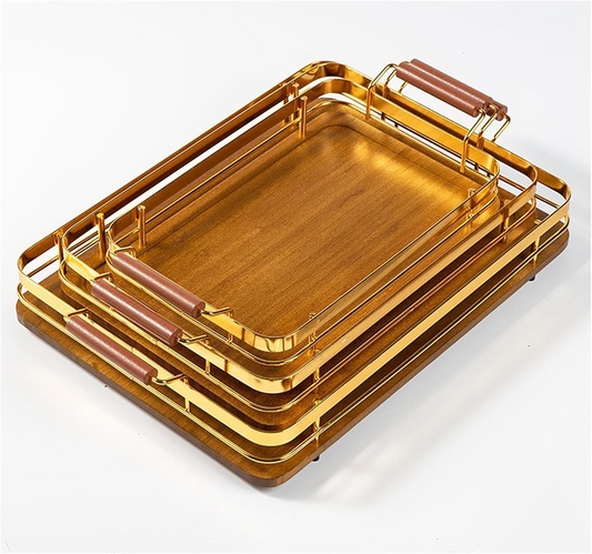 Bamboo Wooden Serving Tray – Double Handle Iron & Wood Tray for Breakfast, Tea, BBQ & Storage | Durable & Stylish
