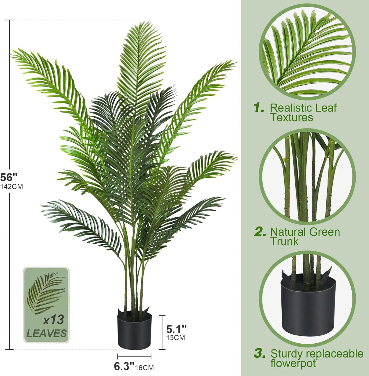 SKY-TOUCH Artificial Tree Fake Plants: 140cm Areca Palm Fake Trees Faux Plants Indoor Realistic Plants for Office Home Room Store Decor