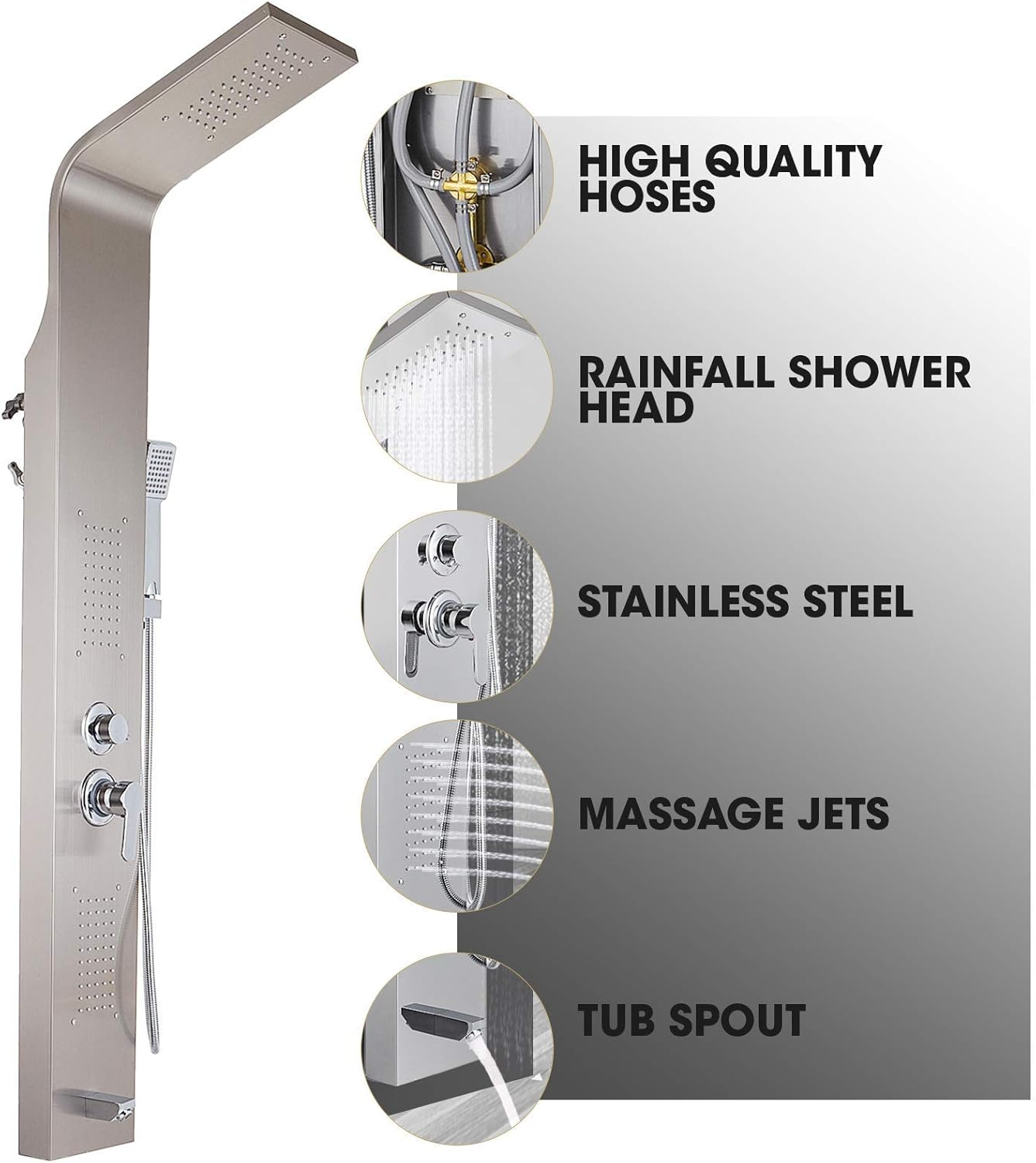 Stainless Steel Shower Panel Tower System - 5-in-1 Shower Column with Rain Shower, Hydromassage, Waterfall, and Hand Shower | Rustproof & Durable