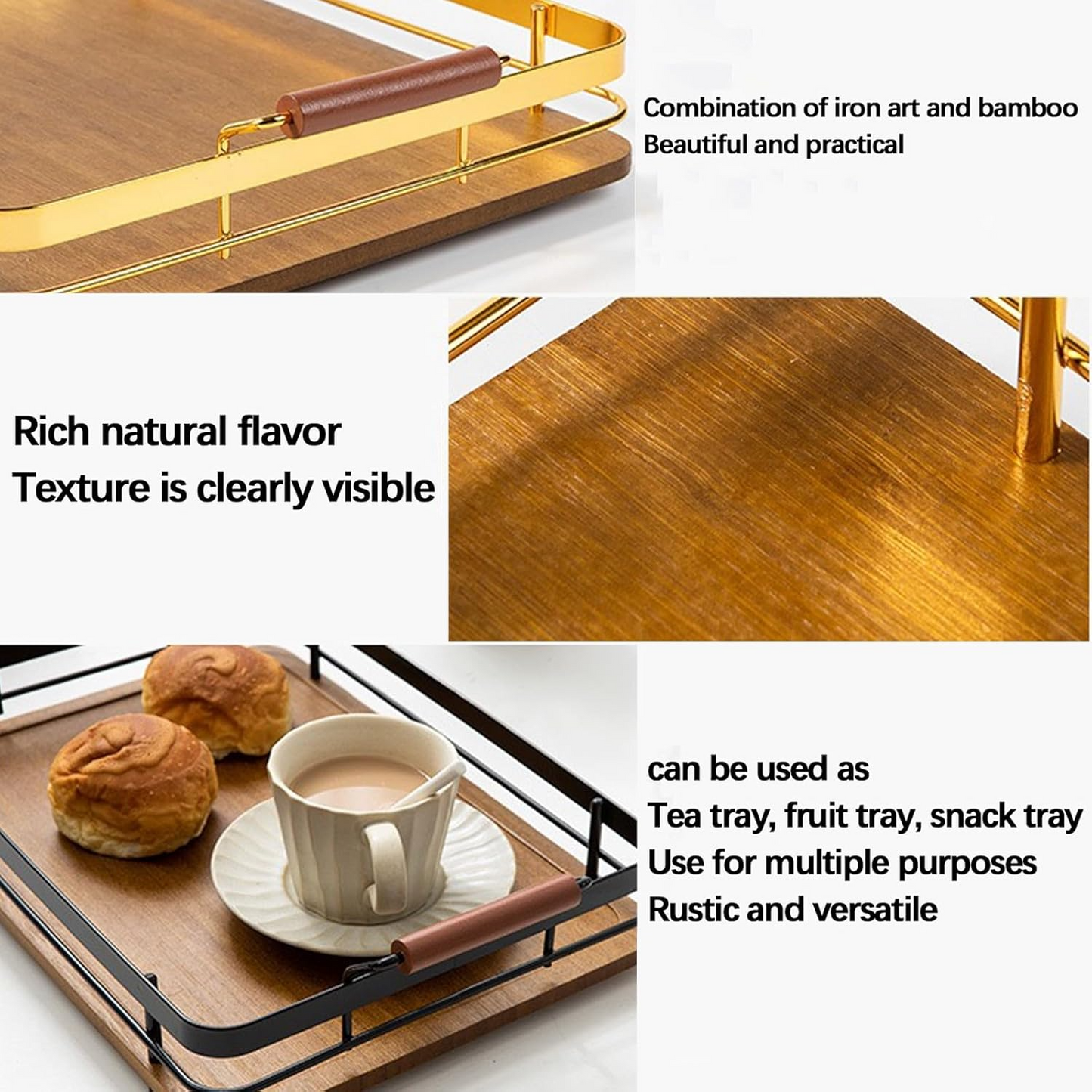 Bamboo Wooden Serving Tray – Double Handle Iron & Wood Tray for Breakfast, Tea, BBQ & Storage | Durable & Stylish