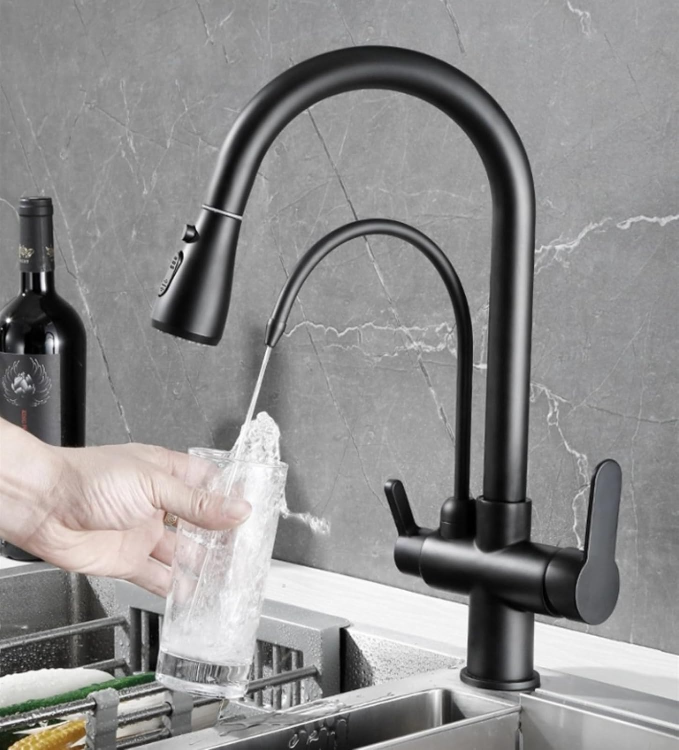 3-in-1 Kitchen Faucet with Pull-Down Spray & Filtered Water – 360° Rotation, Dual Handles – Modern Mixer Tap (Chrome/Black/Brushed)