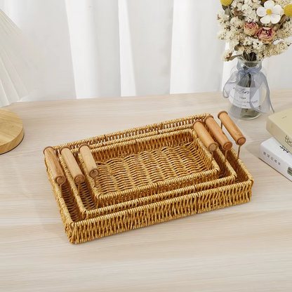Set of 3 Rectangular Wicker Trays – Rustic Woven Serving Trays with Wooden Handles for Coffee Table, Breakfast, or Decor – Durable Rattan