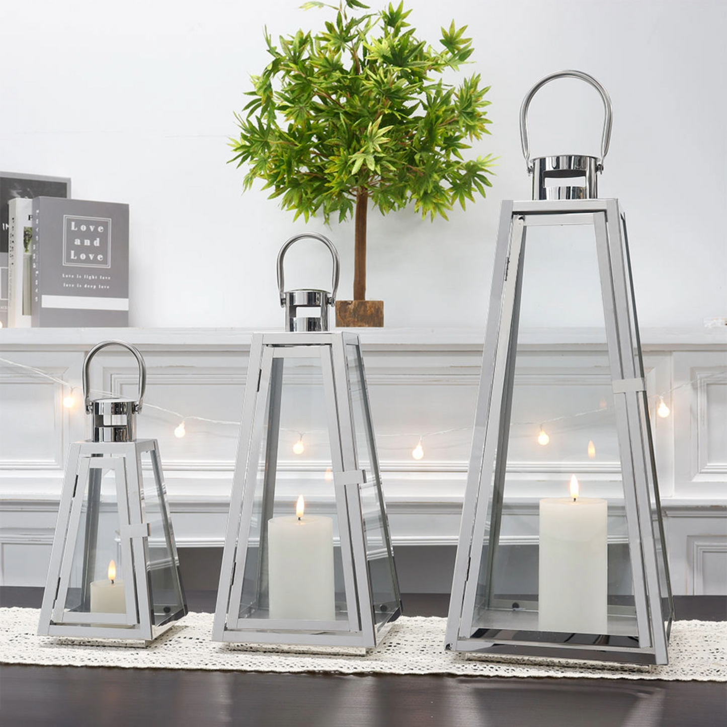 Stainless Steel Decorative Lanterns – Elegant Hanging & Tabletop Lantern Set