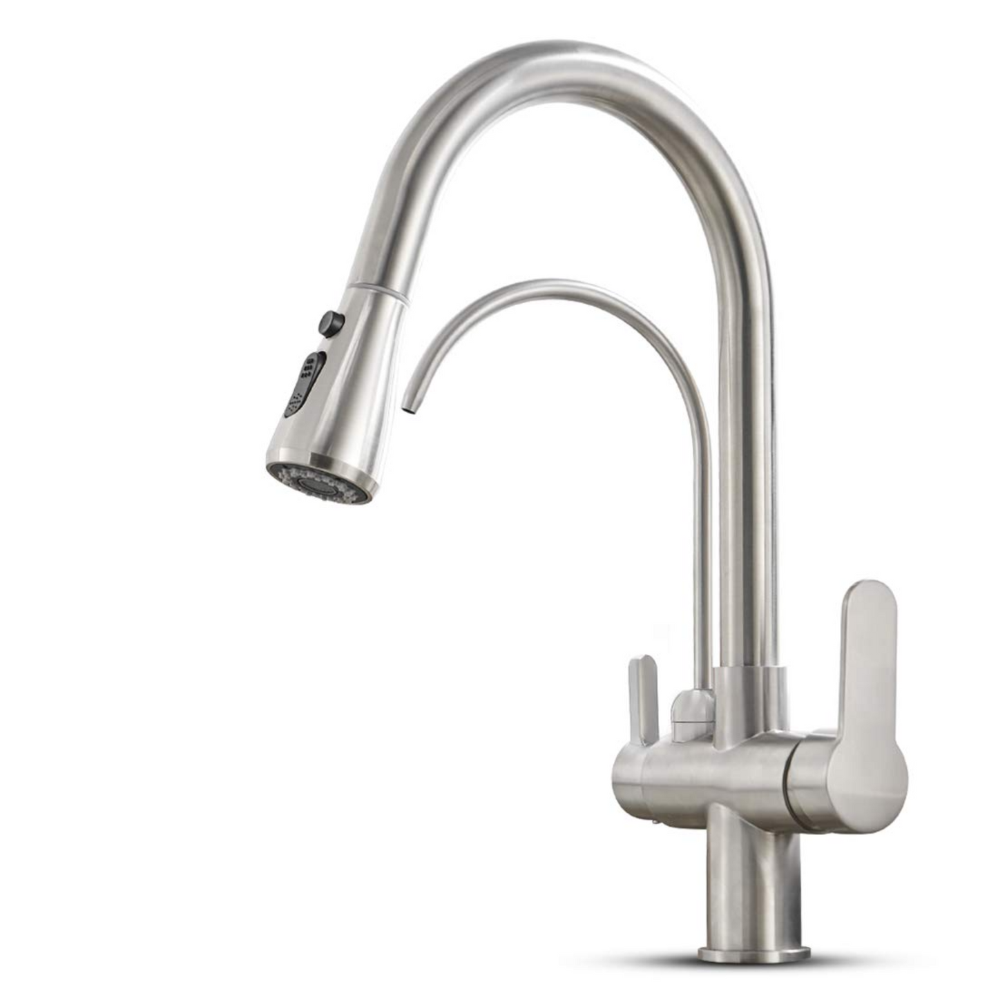 3-in-1 Kitchen Faucet with Pull-Down Spray & Filtered Water – 360° Rotation, Dual Handles – Modern Mixer Tap (Chrome/Black/Brushed)