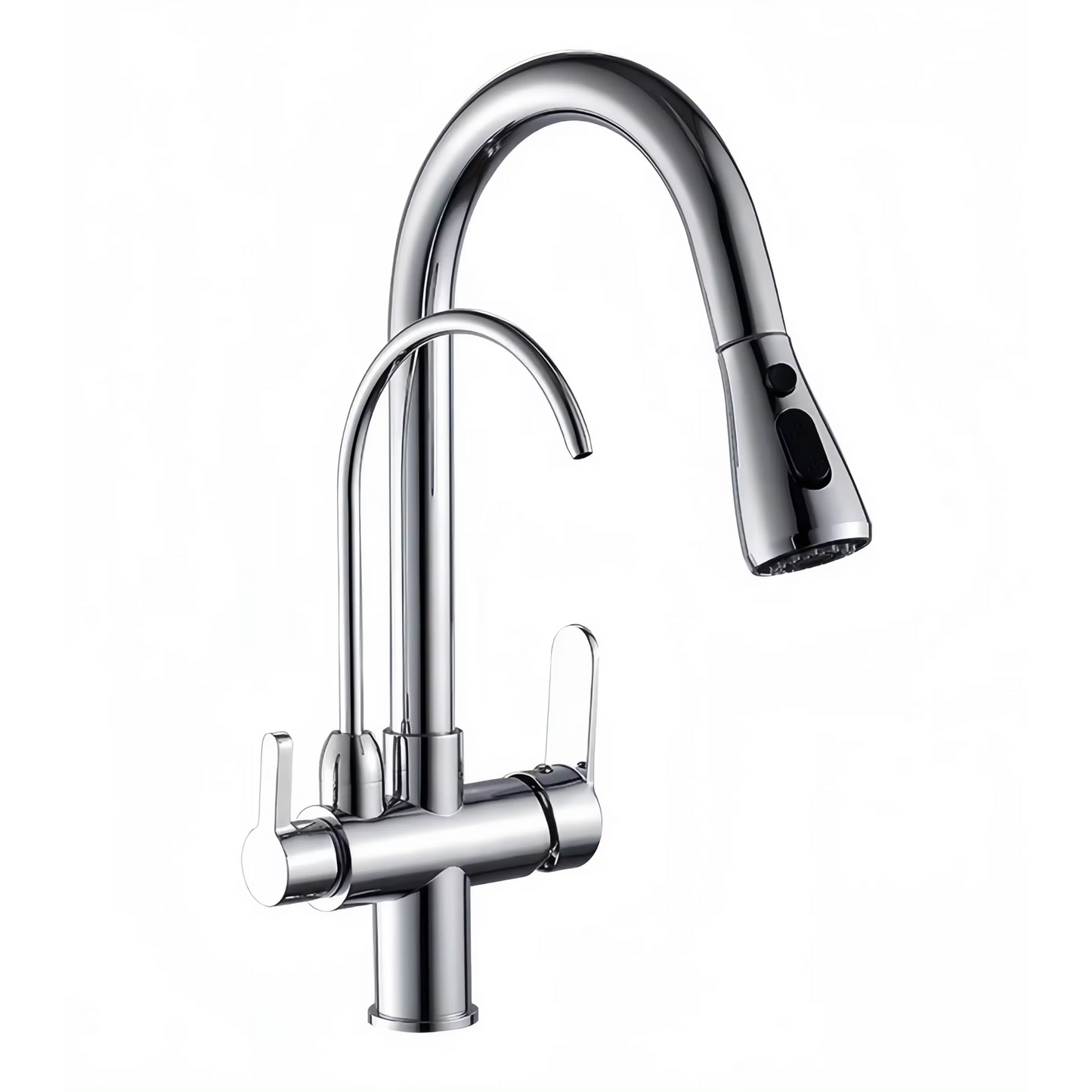 3-in-1 Kitchen Faucet with Pull-Down Spray & Filtered Water – 360° Rotation, Dual Handles – Modern Mixer Tap (Chrome/Black/Brushed)