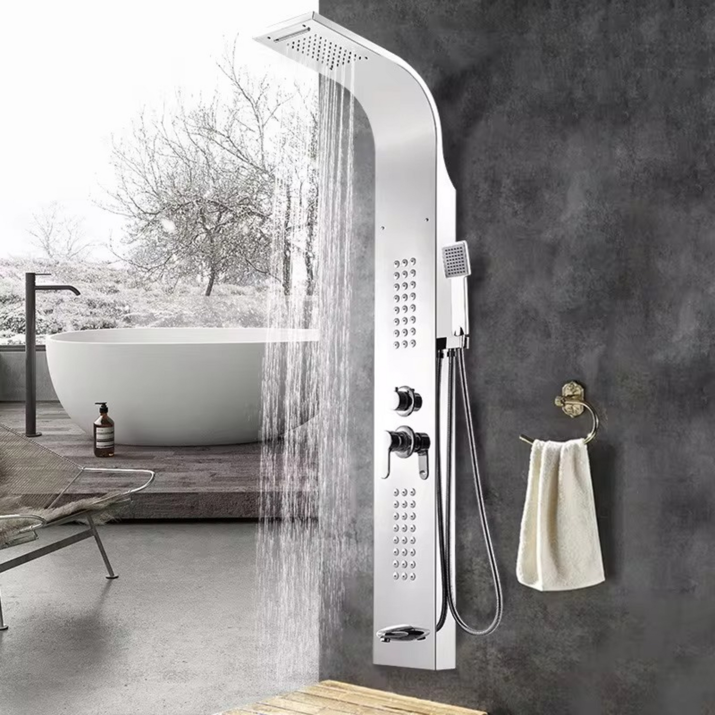 Stainless Steel Shower Panel Tower System - 5-in-1 Shower Column with Rain Shower, Hydromassage, Waterfall, and Hand Shower | Rustproof & Durable