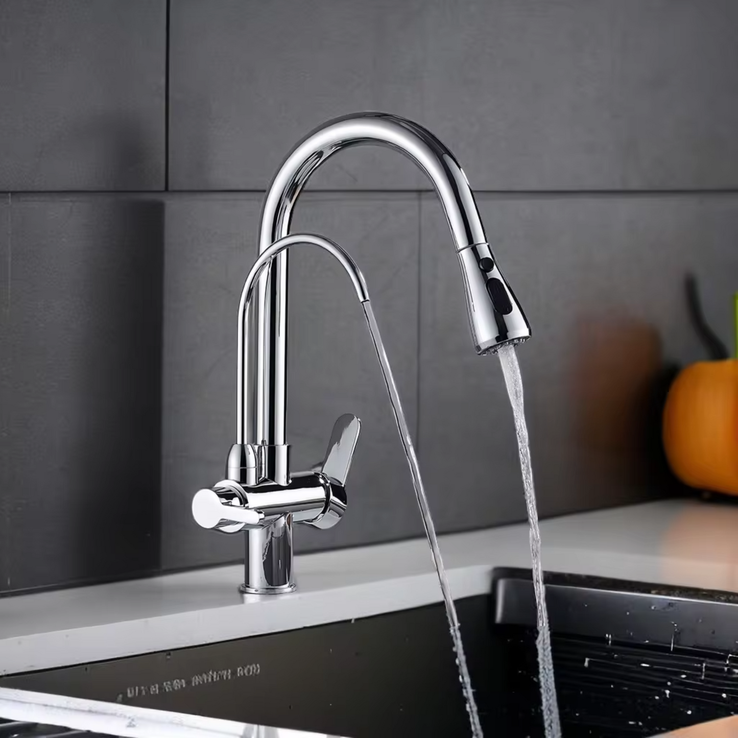 3-in-1 Kitchen Faucet with Pull-Down Spray & Filtered Water – 360° Rotation, Dual Handles – Modern Mixer Tap (Chrome/Black/Brushed)