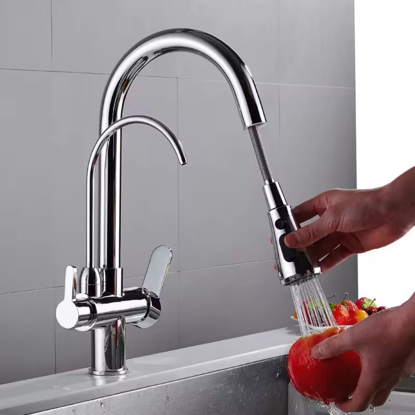 3-in-1 Kitchen Faucet with Pull-Down Spray & Filtered Water – 360° Rotation, Dual Handles – Modern Mixer Tap (Chrome/Black/Brushed)
