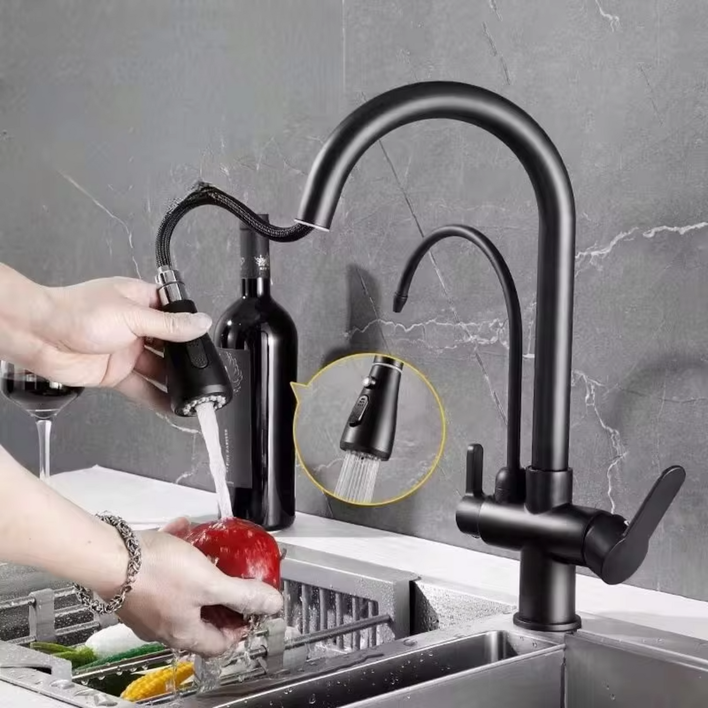 3-in-1 Kitchen Faucet with Pull-Down Spray & Filtered Water – 360° Rotation, Dual Handles – Modern Mixer Tap (Chrome/Black/Brushed)