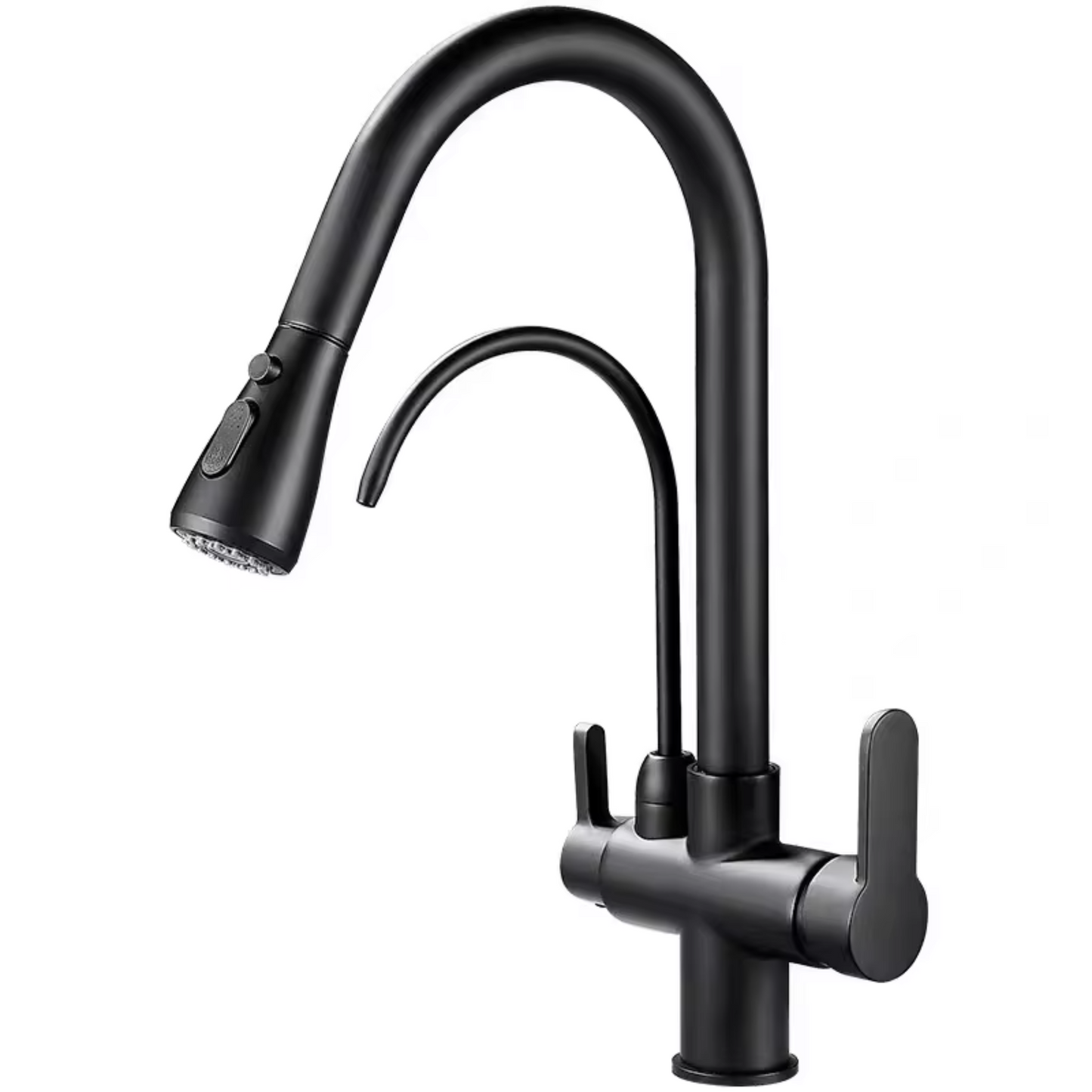 3-in-1 Kitchen Faucet with Pull-Down Spray & Filtered Water – 360° Rotation, Dual Handles – Modern Mixer Tap (Chrome/Black/Brushed)